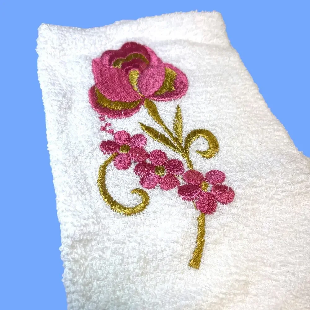 Vintage Towels by FMC White Hand Towel Pink Floral Embroidery Fringe 25